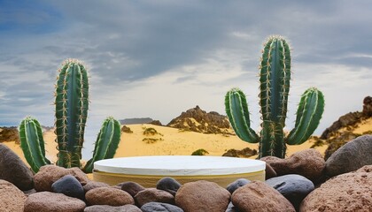 Podium 3D background cactus product summer cosmetic platform display desert. Background 3D podium stone scene stand sand mockup nature stage beauty white room green creative beach concept yellow rock