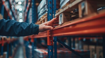 Closeup of hand picking up item from warehouse shelf in industrial storage facility