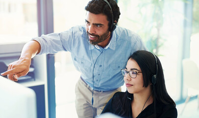 Aufkleber - Business people, call center or training with telemarketing, office or teamwork with coaching. Staff, employees or supervisor with consultant, teaching or advice with customer service or tech support