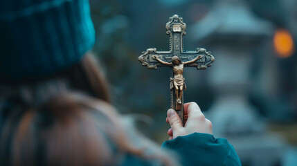 Wall Mural - a woman's hand is holding a statue of the cross of Jesus, the fine texture details of the statue are clearly visible, Ai generated Images