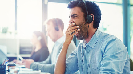 Aufkleber - Business, tired and call center with man, yawn or overworked with customer service, double shift or help desk. Burnout, insurance consultant or agent with fatigue, exhausted or tech support in office