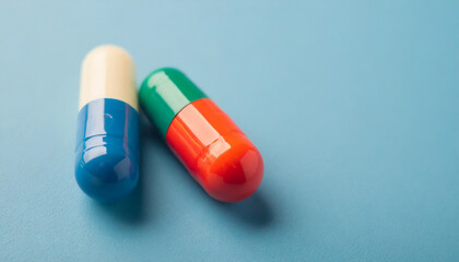 Two colorful medicine pill capsules lie on a light blue background. This top view, flat lay composition offers ample copy space, symbolizing health, medication, and pharmaceutical care