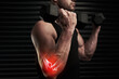 © peopleimages.com - Man, arm and weight lifting with muscle skeleton in gym with 3d anatomy, orthopedic xray and red glow. Athlete, bicep and dumbbell with overlay in joint from exercise, workout and physical activity