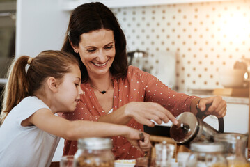 Poster - Breakfast, mother and daughter with coffee in dining room for healthy meal, nutrition or bonding together. Lens flare, hungry and happy parent with young child for sharing, eating or morning in home