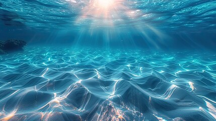 seabed sand with blue tropical ocean above empty underwater background with the summer sun shining brightly creating ripples in the calm sea water.illustration,stock photo