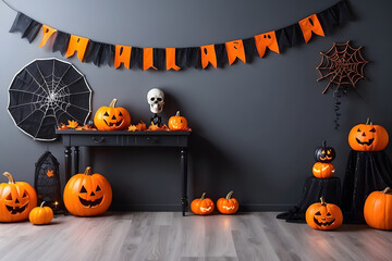 Poster - Halloween decor in a room, space for text. Idea for festive interior