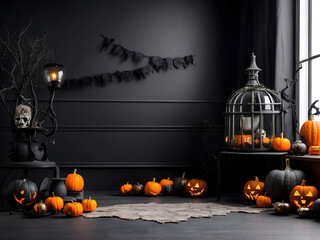 Poster - Halloween decor in a room, space for text. Idea for festive interior