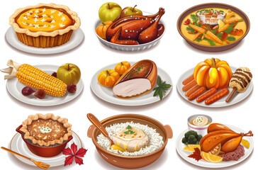 Wall Mural - A collection of realistic images featuring various autumn dishes, including turkey with buttered carrots and pumpkin pie, surrounded by pumpkins