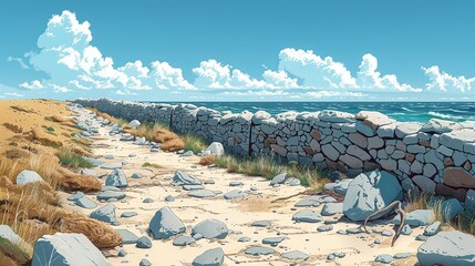 Wall Mural - A beach with a wall of rocks and a wall of stone