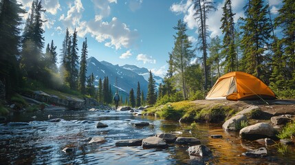 How do the natural elements of a clear sky, flowing river, and stone steps influence your connection with nature while tent camping