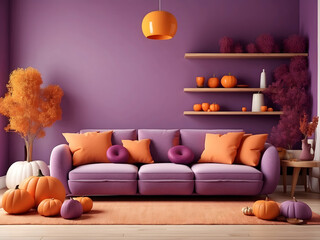 Wall Mural - Interior of purple and orange living room with comfortable sofa and pumpkin decor design. 3d rendering