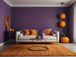 Poster - Interior of purple and orange living room with comfortable sofa and pumpkin decor design. 3d rendering