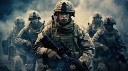 military men, A group of Several modern soldiers on a background of dusty and smoke, military operations, special operations.