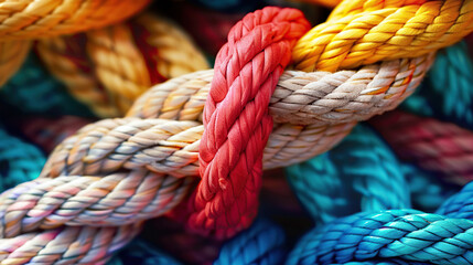 Team rope diverse strength connect partnership together teamwork unity communicate support. Strong diverse network rope team concept integrate braid color background cooperation empower power