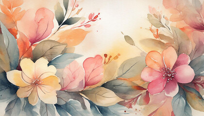 Wall Mural - Beautiful watercolor background with pastel flowers and leaves in warm colors