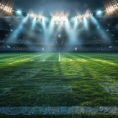 Wall Mural - empty football stadium with bright lights shining on the green grass at night, creating a dramatic and immersive atmosphere for a sporting event or other activity.