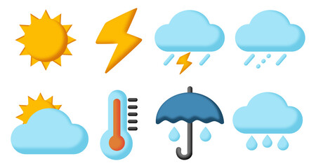3d illustration of a set of weather forecast icons with sun and lightning with rain clouds and an um