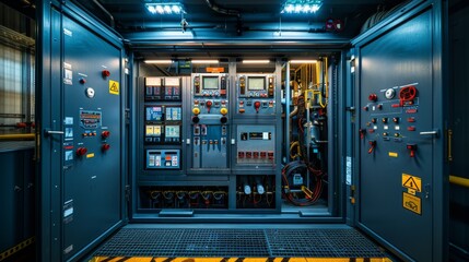 Detailed view of an oil pipeline pumping station, with control panels and safety measures visible