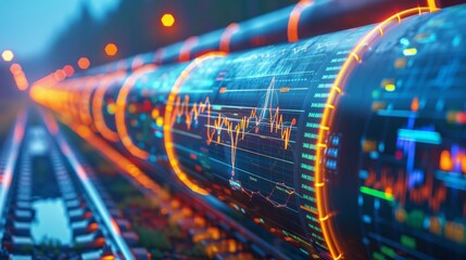 Poster - Double exposure of a gas pipeline overlaid with business finance charts and investment data