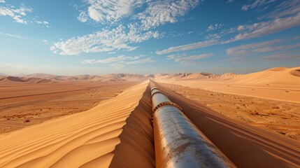 Gas pipeline crossing a desert, with sand dunes and a clear blue sky