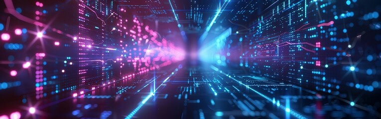 Abstract futuristic technology background with lines network high speed data transfer, big data, data center, server, internet, speed. dark blue and pink neon lights into digital technology tunnel