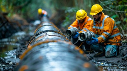 Wall Mural - Gas pipeline inspection team using advanced equipment to check for leaks