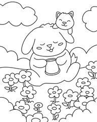 Canvas Print - cute bunny in flower garden. coloring book
