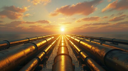Wall Mural - High-quality image of a gas pipeline network at sunrise, with pipes glistening in the early light