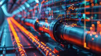 High-quality image of a gas pipeline overlaid with digital financial graphs and investment data