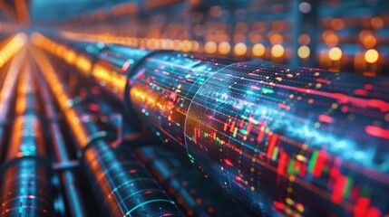 High-quality image of a gas pipeline overlaid with stock market trends and business finance data