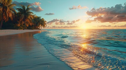 Wall Mural - paradise beach with palm trees and calm ocean at dawn or sunset panoramic banner of a peaceful landscape .stock photo