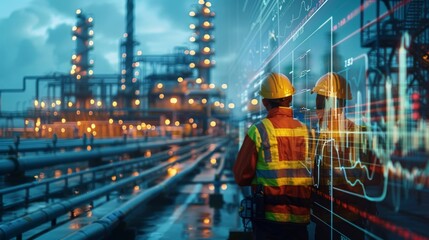 Wall Mural - Oil pipeline engineers working, combined with digital financial graphs and stock trends