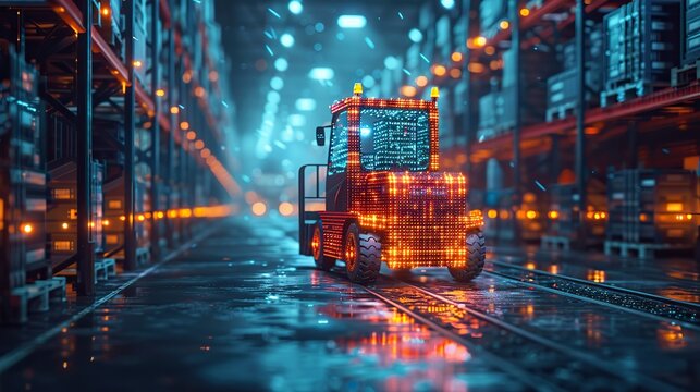 automated forklift doing storage in a warehouse managed by machine learning and artificial intelligence automation robotics applied to industrial logistics.illustration,stock photo
