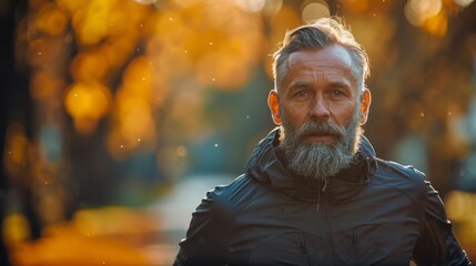 An active elderly man runs around the autumn park. Healthy lifestyle in retirement