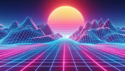 Wall Mural - 80s retro futuristic sci-fi. Retrowave VJ videogame landscape, neon lights and low poly terrain grid. Stylized vintage vaporwave 3d illustration background with mountains, sun and stars.