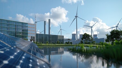 a clean energy power plant integrated with a financial institution, showcasing solar panels, wind tu