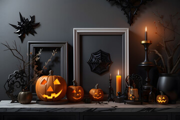 Wall Mural - Mock-up frames on the shelf decorated with scary stuff in Halloween concept design, 3D rendering