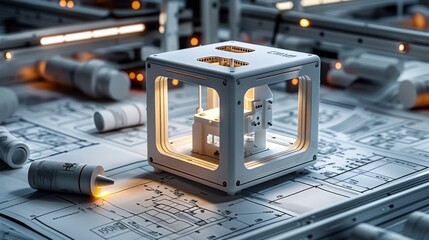 Fototapete - A sleek 3d printer stands prominently amidst a sea of meticulously arranged blueprints and sketches, showcasing the seamless integration of technology and design. Generative AI.