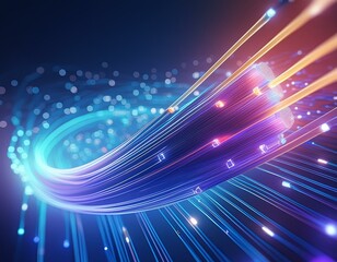 Wall Mural - Glowing fiber optic cable. Information flows by wire. The concept of technology and information transfer. Modern blue purple color spectrum 3d illustration