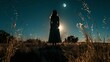 © Tee - Silhouette of a woman standing in a field at night, gazing at the moon and stars, with a serene landscape in the background.