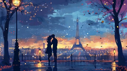 romantic couple in paris with eiffel tower in background ai generated dreamy and atmospheric cityscape illustration