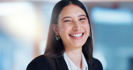 Poster - Portrait, smile and confident as businesswoman in office at workplace with happy in corporate or career. Female person, professional and cheerful as human resources, employee or consultant in company