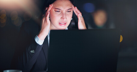 Canvas Print - Woman, computer and headache in stress, burnout or anxiety for project, deadline or due date in working late. Female person, laptop and confused in office as lawyer, legal representative or paralegal