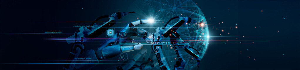 Fototapete -  Industry 4.0, Ai, Smart industry of digital factory, industrial revolution,  Robot hand with robotics automatic arms machine with monitoring Ai system software. Digital manufacturing operation.