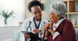 © peopleimages.com - Senior, woman and doctor with tablet for consulting with expert advice, explaining medical report or healthcare. Elderly patient, nurse and discussion in nursing home with diagnosis results or listen