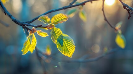 Wall Mural - Ethereal Early Spring Green Leaf Branches Under Warm Sunset Glow