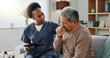 © peopleimages.com - Home, nurse and senior man with cough or tablet in consultation with support or help. Sick, patient or elderly caregiver with person in hospice with lung cancer, tuberculosis or breathing with asma