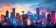© Ross - Vibrant Night Skyline of Seattle with Distant Mountains, Neon Lights, and Iconic Space Needle Under a Colorful Sunset