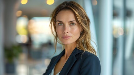 Wall Mural - Professional woman in suit standing in modern office Mature business woman looking at camera in office meeting area