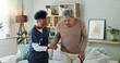 © peopleimages.com - Senior, man and caregiver with help or walking stick for mobility, injury healing and retirement support in nursing home. Elderly person, nurse and helpful with movement and medical care in homecare